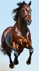Obraz premium Majestic brown horse leaping, clear sky, equestrian art, website banner