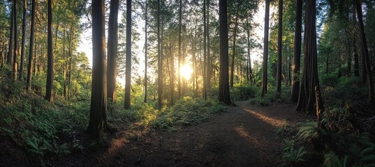 Obraz premium Sunlight filtering through forest trees