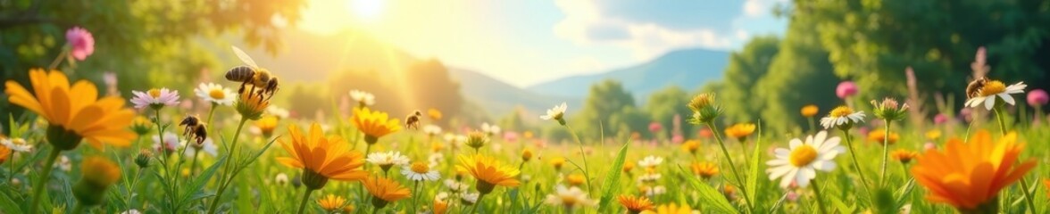 Obraz premium Sun-drenched meadow, diverse wildflowers, buzzing bees, sun, art, field