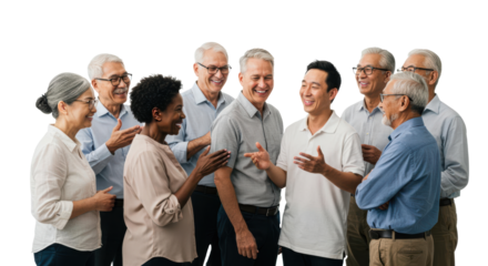A diverse group of seniors gathers together, sharing smiles and laughter. They engage in a lively conversation, showcasing the warmth of friendship and connection among different backgrounds