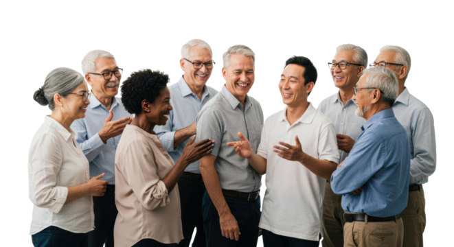 A diverse group of seniors gathers together, sharing smiles and laughter. They engage in a lively conversation, showcasing the warmth of friendship and connection among different backgrounds