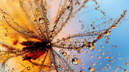 Beautiful dew drops on a dandelion seed macro. Beautiful blue background. Large golden dew drops on a parachute dandelion. Soft dreamy tender artistic image form.