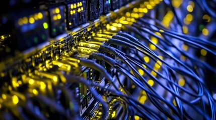 Connecting data a closeup of interconnected servers in a data center digital infrastructure technology environment detailed view data management