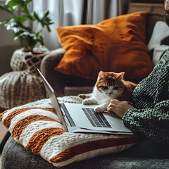Cozy afternoon at home with a cat and laptop in a stylish living room setting
