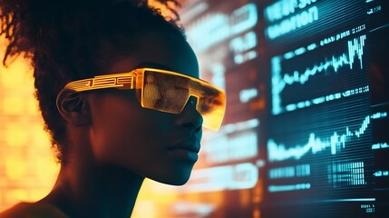 Woman wearing futuristic glasses, analyzing data on screen.