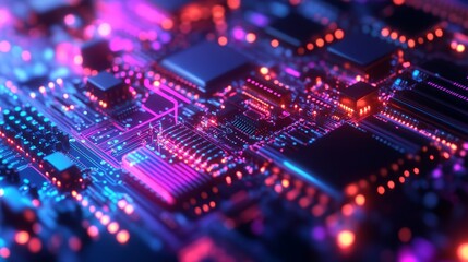 Fototapeta premium Illuminating semiconductor nano components laboratory close-up image high-tech environment macro view advanced technology