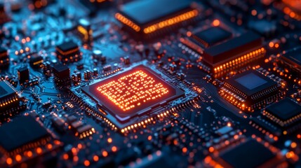 Obraz premium Illuminating semiconductor nano components laboratory close-up photography high-tech environment scientific perspective glowing innovations