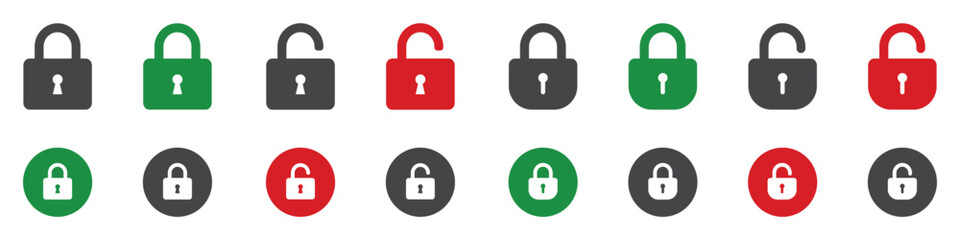 Set of lock icons, lock icon. Close and open lock symbols. Icons of locked and unlocked lock on white background. Safety symbols. Vector illustration.