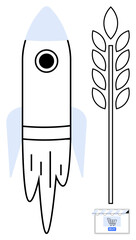 Rocket taking off beside wheat stalk and shopping cart implies agricultural innovation, tech advancement, e-commerce in farming, sustainability, and economic growth. Ideal for modern farming