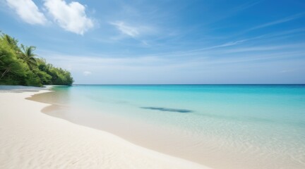 Obraz premium Tranquil Tropical Beach Scene White Sand, Turquoise Water, Lush Greenery