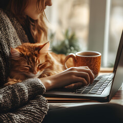Cozy afternoon at home with cat on lap while working on laptop and enjoying a warm drink