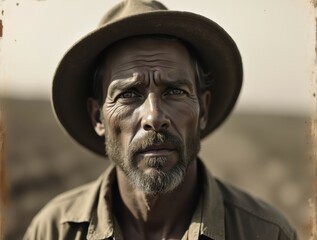 Fototapeta premium Portrait of weathered farmer experiencing hardship during great depression era