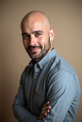 Obraz premium Confident bald man smiling with folded arms on brown background