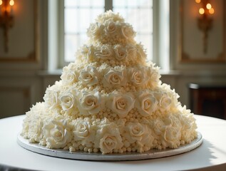 Impressive white wedding cake decorated with roses standing on a table