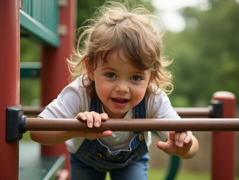 Happy child playing and climbing on playground equipment