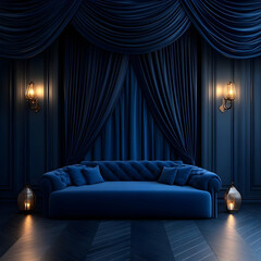 Elegant blue velvet couch in a luxurious interior with dramatic drapes and ambient lighting, creating a cozy atmosphere.