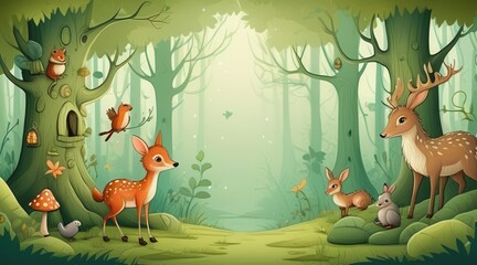 Naklejka premium Whimsical Forest Illustration with Deer and Other Animals