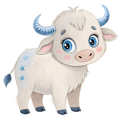 Fototapeta premium Meet the cutest yak! Big blue eyes, fluffy fur, and tiny horns. A whimsical watercolor creation.