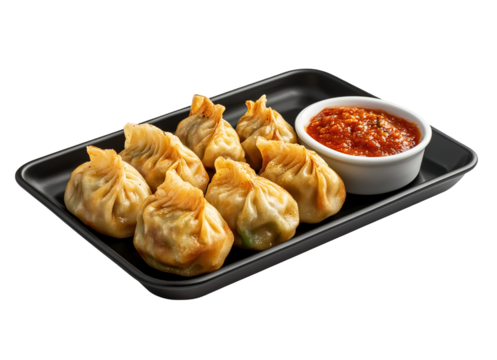 Traditional dumpling momos food from Nepal served with tomato chutney in plate isolated.