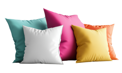 Three colorful pillows in different shapes arranged on a neutral background for home decor inspiration isolated on transparent background.