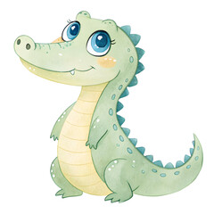 Fototapeta premium Adorable baby crocodile with big blue eyes, sitting, smiling gently. Watercolor style illustration.