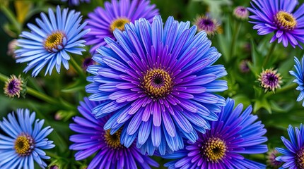 Vibrant purple and blue daisies for bold floral designs, nature-inspired artwork, and spring-themed projects. Perfect for social media, blog posts, and colorful backgrounds.