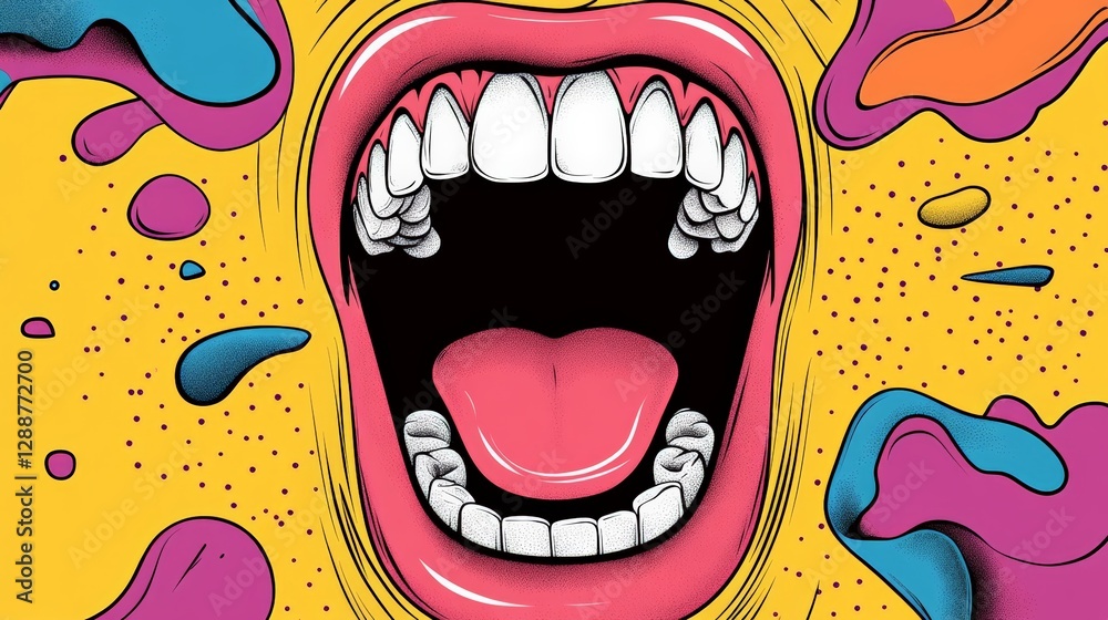 Poster Wide open mouth is screaming, showing tongue and teeth, surrounded by an abstract colorful background with paint splatters and dots, creating a vibrant and expressive visual