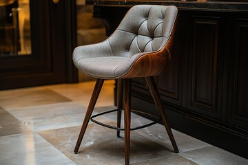 Stylish counter stool with button-tufted upholstery and sleek wooden frame Perfect for modern kitchens and bars Comfortable and chic
