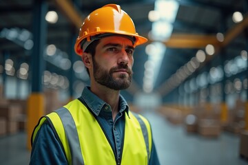 Caucasian man with beard wearing safety gear posing confidently in heavy industry warehouse