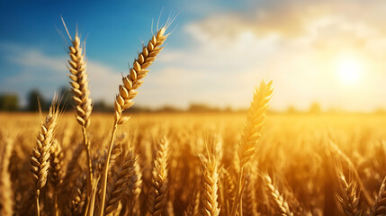 Fototapeta premium Golden wheat field illuminated by sunlight, showcasing the beauty of nature and agriculture under a clear blue sky.