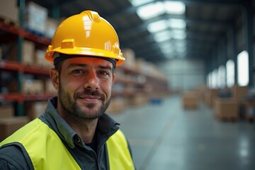 Caucasian man with beard wearing hard hat and safety vest in industrial warehouse smiling confidently
