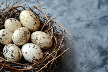 Captivating quail eggs nesting in natural habitat high-quality close-up photography serene environment textured background nature's delicate creations for culinary inspiration