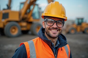 Hard working man in heavy industry wearing helmet and glasses at construction site