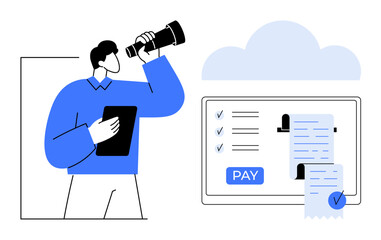 Man holding a tablet and looking through a telescope at a screen displaying online payment details and a payment button. Ideal for finance, online shopping, digital transactions, business analysis
