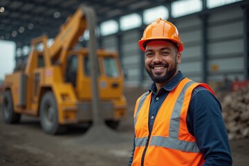Hispanic man smiling proudly in heavy industry with bright safety gear and construction machinery
