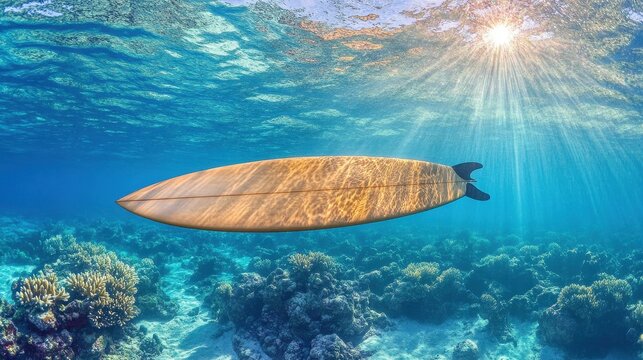 Sunlit Underwater Scene with Surfboard and Vibrant Coral Reef