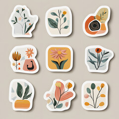 Colorful floral stickers arranged on a neutral background showcasing various botanical designs and shapes