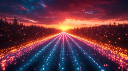 Sunset highway through glowing forest