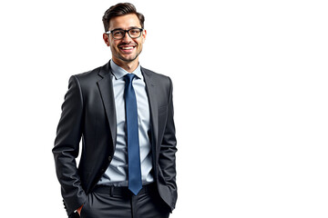 Confident businessman in suit, glasses, smiling. Isolated on transparent background. Professional portrait for business use.