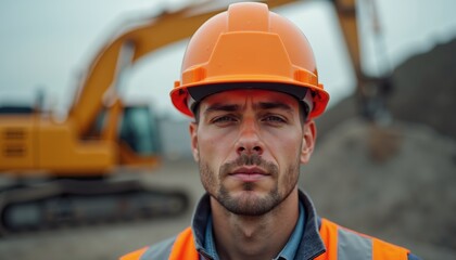Heavy industry worker focuses on task in construction zone wearing safety gear and helmet