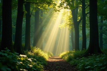 Fototapeta premium Sunbeams pierce dense foliage, creating ethereal glow in deep forest , plant, autumn