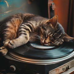Cat peacefully sleeps on a vintage record player while music plays in a cozy room during a sunny afternoon