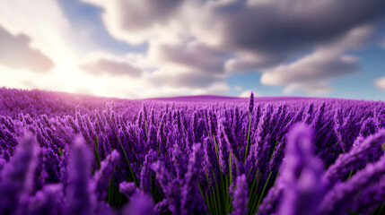 Obraz premium Vibrant lavender field under a cloudy sky, showcasing nature's beauty and serenity.