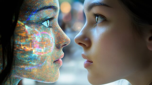 Digital twin humanoid AI replicating human emotions with augmented reality graphics.