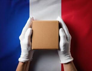 Delivery of a package in front of the French national flag