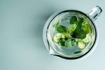 High Angle Shot of Detox Water Pitcher with Fresh Mint and Cucumber Slices on Soft White Background for Healthy Lifestyle and Refreshing Drink Concepts