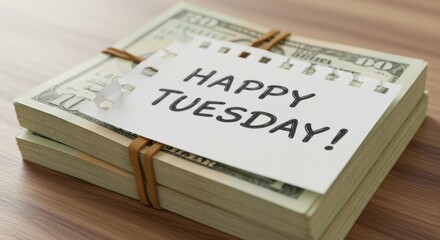 Obraz premium Stack of Money with Happy Tuesday Note on Wooden Surface