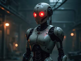 Fototapeta premium Menacing humanoid AI robot with glowing red eyes standing in industrial setting