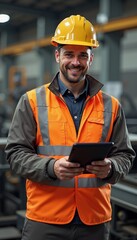 Caucasian bearded man in safety gear smiling while using tablet in heavy industrial workplace