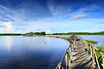 Obraz premium Long wooden walkway connecting to island at Nong Yai Development Project Chumphon Province, Thailand 